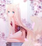  1girl animal_ear_fluff animal_ears backless_dress backless_outfit bare_legs bare_shoulders blonde_hair blue_eyes breasts cat_ears cat_girl cat_tail dress expressionless floral_print full_body long_hair looking_at_viewer no_bra no_panties original peas_(peas0125) red_dress short_dress sitting small_breasts tail 