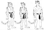  action_52 anthro apollo_(cheetahmen) aries_(cheetahmen) ayato barefoot black_and_white black_belt bottomwear cheetah cheetahmen cheetahmen_ii clothing facial_hair feet felid feline goatee group hercules_(cheetahmen) karate_outfit male mammal markings monochrome pants shirt simple_background spots spotted_markings topwear trio white_background 