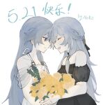  2girls :d artist_name bare_shoulders black_dress black_sleeves blue_eyes bouquet braid closed_eyes closed_mouth commentary_request detached_sleeves dress facing_another flower fu_hua fu_hua_(herrscher_of_sentience) grey_hair hair_between_eyes highres honkai_(series) honkai_impact_3rd long_hair looking_at_another multiple_girls neko_(neko112121) puffy_short_sleeves puffy_sleeves rose see-through short_sleeves simple_background smile strapless strapless_dress translation_request very_long_hair white_background white_dress yellow_flower yellow_rose 