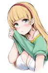  1girl blonde_hair blunt_bangs blush bra breasts cleavage closed_mouth clothes_lift commentary_request gengoroh green_eyes green_shirt hair_behind_ear hairband heanna_sumire highres large_breasts long_hair looking_at_viewer love_live! love_live!_superstar!! red_hairband selfie shirt shirt_lift simple_background single_bare_shoulder solo underwear upper_body white_background white_bra 