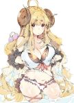  1girl ahoge anila_(granblue_fantasy) anila_(summer)_(granblue_fantasy) bikini blonde_hair breasts brown_horns cleavage commentary curled_horns draph gorirago granblue_fantasy horns large_breasts long_hair looking_at_viewer navel official_alternate_costume simple_background sketch solo swimsuit thick_eyebrows white_background white_bikini 