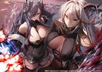  2girls aegir_(azur_lane) august_von_parseval_(azur_lane) azur_lane blue_hair blurry bodystocking breasts copyright copyright_name covered_navel depth_of_field floating_hair gloves grin hair_over_one_eye hand_up highres horns large_breasts long_hair looking_at_viewer marse_(rokudaime) multicolored_hair multiple_girls ocean official_art parted_lips smile streaked_hair thighhighs very_long_hair water waves white_hair 