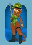 2023 anthro beret bloons_tower_defense boots breasts brown_body brown_fur brown_hair camo camo_print chest_tuft cleavage clothed clothing collarbone ear_piercing eyebrows eyelashes female footwear fur glistening gun hair haplorhine hat headgear headwear hi_res holding_gun holding_object holding_rifle holding_weapon jamoart leotard looking_at_viewer mammal monkey multicolored_body multicolored_fur ninja_kiwi piercing plantigrade primate ranged_weapon shoulder_tuft solo standing tuft two_tone_body two_tone_fur weapon 