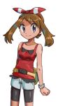  1girl bare_shoulders black_shorts bow bracelet brown_hair closed_mouth fanny_pack hair_bow jewelry looking_at_viewer may_(pokemon) mtgrslove376 pokemon pokemon_(game) pokemon_oras red_bow red_shirt shirt shorts shorts_under_shorts sleeveless sleeveless_shirt smile solo white_background white_shorts 