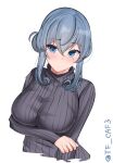  1girl alternate_costume arm_under_breasts black_sweater blue_eyes blue_hair breasts cropped_torso gotland_(kancolle) hair_bun kantai_collection large_breasts long_hair long_sleeves looking_at_viewer mole mole_under_eye one-hour_drawing_challenge parted_lips ribbed_sweater solo sweater tf_cafe twitter_username white_background 