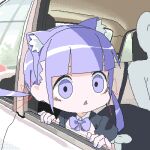  1girl 1other ^_^ animal_ears blunt_bangs bow bowtie car_interior cat_ears closed_eyes commentary_request empty_eyes eyebrows_hidden_by_hair flat_chest lowres original purple_bow purple_bowtie purple_eyes purple_hair rokuro-chan rokuro_no_mawashimono triangle_mouth twintails 