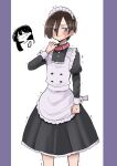  1boy 1girl alternate_costume apron black_dress blue_eyes blush boku_no_kokoro_no_yabai_yatsu brown_hair chibi clenched_hand collar dress enmaided hair_over_one_eye highres ichikawa_kyoutarou juliet_sleeves long28 long_sleeves maid maid_apron maid_headdress pink_collar puffy_sleeves smile sweat trembling wrist_cuffs yamada_anna 