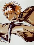  1boy 1girl bleach body_markings breasts elbow_gloves english_commentary fingernails floppydisk7000 gloves hand_on_another&#039;s_ass hand_on_another&#039;s_face highres kuchiki_rukia kurosaki_ichigo looking_up lying lying_on_person muscular muscular_male nude on_back orange_hair parted_lips shadow short_hair simple_background spiked_hair twitter_username underboob white_background white_gloves 