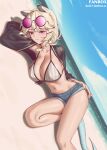  1girl animal_ears arknights beach bikini blonde_hair blue_sky braid breasts cloud commentary_request day denim denim_shorts eyewear_on_head fang foot_out_of_frame grey_bikini highres large_breasts lying navel on_side open_clothes purple_eyes short_hair short_shorts shorts siguya skin_fang sky snake_tail solo stomach striped striped_bikini sunglasses swimsuit tail thighs utage_(arknights) utage_(summer_flowers)_(arknights) 
