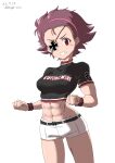  1girl absurdres black_shirt blush breasts brown_hair clenched_hands dated drops_mint eyepatch girls_und_panzer grin highres large_breasts looking_at_viewer midriff momogaa_(girls_und_panzer) muscular muscular_female navel red_eyes shirt short_hair shorts signature simple_background smile solo white_background white_shorts 