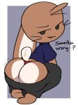  anthro bottomwear bottomwear_down brown_body brown_fur bunzo_(vilepluff) butt clothed clothing feet fur lagomorph leporid looking_at_viewer male mammal pants pants_down partially_clothed presenting rabbit seductive shaking_butt smug solo teasing thong underwear vilepluff 