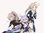  1girl 2boys :i ahoge annoyed bailu_(honkai:_star_rail) black_dress blonde_hair blue_coat blue_ribbon blush braid closed_eyes coat cowboy_shot detached_sleeves dress gourd grey_hair hair_over_one_eye hair_ribbon high_collar highres honkai:_star_rail honkai_(series) horns jacket jing_yuan layered_sleeves long_hair long_sleeves mandarin_collar mole mole_under_eye multiple_boys one_eye_covered open_clothes open_coat open_mouth parted_bangs ponytail pout print_coat pulling purple_hair purple_horns red_ribbon ribbon shirt short_dress shorts sidelocks simple_background sitting standing susukinohara320 sweat tail very_long_hair white_background white_jacket white_shirt white_shorts yanqing_(honkai:_star_rail) 