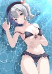  1girl beret bikini black_bikini black_headwear blue_eyes breasts calin commentary_request crossed_bangs frilled_bikini frills front-tie_bikini_top front-tie_top grey_hair hair_between_eyes hair_ribbon hand_on_own_stomach hat highres kantai_collection kashima_(kancolle) large_breasts long_hair looking_at_viewer lying navel on_back outdoors parted_lips partially_submerged ribbon smile solo strap_slip sunlight swimsuit twintails 