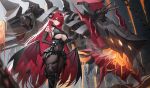  1girl absurdres ahoge azur_lane black_horns black_pantyhose breasts commentary curled_horns demon_girl demon_horns demon_wings highres hindenburg_(azur_lane) horns jeze large_breasts long_hair looking_at_viewer non-humanoid_robot pantyhose pointy_ears red_eyes red_hair robot robot_dragon solo standing underboob very_long_hair wings 