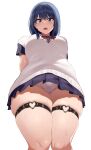  1girl arms_behind_back black_hair blue_eyes from_below gridman_universe highres hip_focus miniskirt open_mouth panties pantyshot revision school short_hair simple_background skindentation skirt solo ssss.gridman sweat sweatdrop sweater_vest takarada_rikka thick_thighs thigh_strap thighs tsukunendo underwear white_background white_panties white_sweater_vest wide_hips 
