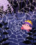  blue_eyes bush copy_ability forest grass hat highres kirby kirby_(series) leaf looking_up miclot nature night no_humans open_mouth outdoors purple_headwear rain silk spider_kirby spider_web water_drop 