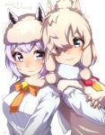  2girls alpaca_ears alpaca_huacaya_(kemono_friends) alpaca_suri_(kemono_friends) animal_ears back-to-back bell blonde_hair blue_eyes breast_pocket breasts character_name closed_mouth commentary_request crossed_arms dated ears_through_headwear eyelashes fingernails fur_collar fur_hat fur_scarf fur_trim hair_over_one_eye hand_on_own_arm hat height_difference highres horizontal_pupils kemono_friends lips long_bangs long_sleeves looking_at_viewer medium_hair multiple_girls neck_bell neck_ribbon pocket purple_eyes purple_hair ribbon scarf shirt smile sweater_vest taut_clothes taut_shirt thin_(suzuneya) upper_body v_arms white_shirt 