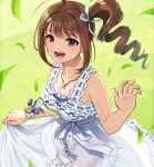  1girl ahoge blush breasts brown_hair collarbone dress drill_hair falling_leaves highres idolmaster idolmaster_million_live! kamille_(vcx68) leaf looking_at_viewer medium_breasts purple_eyes redrawn side_ponytail skirt_hold sleeveless sleeveless_dress smile solo white_dress wrist_cuffs yokoyama_nao 