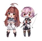  2girls :3 ahoge animal black_footwear black_gloves black_skirt blush boots brown_eyes brown_hair chibi fang fish fishing_rod full_body gloves hair_ornament hairclip highres holding holding_animal holding_fish holding_fishing_rod kantai_collection kuma_(kancolle) kuma_kai_ni_(kancolle) long_hair mattan_kanpa mouth_hold multiple_girls open_mouth pink_hair red_eyes short_hair short_sleeves simple_background skin_fang skirt tama_(kancolle) tama_kai_ni_(kancolle) wet wet_clothes wet_hair white_background white_skirt x_x 