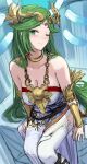  1girl armlet bare_shoulders breasts chiton circlet cleavage collarbone dress forehead_jewel green_eyes green_hair highres ippers jewelry kid_icarus kid_icarus_uprising large_breasts laurel_crown long_hair neck_ring one_eye_closed palutena parted_bangs pendant single_thighhigh sitting sketch solo strapless strapless_dress thighhighs vambraces very_long_hair white_dress white_thighhighs 