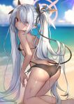  1girl absurdres ass bangs bare_arms bare_shoulders bikini black_bikini black_ribbon blue_archive blue_sky blurry blurry_background breasts butt_crack cloud commentary_request day demon_tail depth_of_field eyes_visible_through_hair from_behind grey_hair hair_over_one_eye hair_ribbon halo highres horizon iori_(blue_archive) iori_(swimsuit)_(blue_archive) kneeling looking_at_viewer looking_back lydia601304 ocean outdoors red_eyes revision ribbon side-tie_bikini_bottom sky small_breasts solo sunlight swimsuit tail twintails v-shaped_eyebrows water wet 