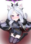  1girl :&lt; ahoge animal_ear_fluff animal_ears armband belt black_coat black_gloves black_skirt black_thighhighs blue_archive boots cat_ears cat_girl cat_tail coat coat_on_shoulders commentary_request demon_girl demon_horns forehead from_above fur-trimmed_coat fur_trim gloves hair_ornament hairclip halo highres hina_(blue_archive) horns kemonomimi_mode knee_boots long_hair long_sleeves looking_at_viewer looking_up military_uniform oomabiblogo2 open_clothes open_coat parted_bangs pencil_skirt purple_eyes red_armband sam_browne_belt side_slit sidelocks simple_background sitting skirt solo tail thighhighs uniform wariza wavy_hair white_hair zettai_ryouiki 