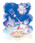  absurdres blue_fire cake cake_slice commentary drifloon fire flame food fork fruit highres holding holding_fork litwick looking_down nashiro_o77o no_humans open_mouth plate pokemon pokemon_(creature) shuppet smile strawberry symbol-only_commentary yellow_eyes 