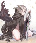  1girl absurdres arm_hair bare_legs beach body_fur brown_cloak cape cloak ekrea_jan elden_ring falling_leaves genderswap genderswap_(mtf) grey_hair highres horns kneeling leaf leg_hair medium_hair morgott_the_omen_king naked_cape parted_bangs rag revealing_clothes sand sword tail thighs water weapon yellow_eyes 