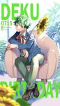  1boy alternate_costume arm_rest armchair birthday blue_jacket blurry blurry_foreground boku_no_hero_academia brown_footwear buttons chair character_name closed_mouth collared_shirt colored_eyelashes crossed_ankles flower freckles full_body green_eyes green_hair green_pants highres jacket lapels leaning_to_the_side light long_sleeves looking_at_viewer looking_to_the_side male_focus midoriya_izuku neck_ribbon notched_lapels object_hug on_chair open_clothes open_jacket pants pixiv_id pixiv_logo plant red_ribbon ribbon scar scar_on_hand shadow shirt short_hair sidelighting sitting smile solo sunflower text_background text_focus timestamp twitter_logo twitter_username ume_(326310) white_shirt yellow_flower 