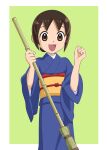  1girl :d akiishiguma blue_kimono broom brown_eyes brown_hair child green_background hand_up highres holding holding_broom japanese_clothes kimono looking_at_viewer obi sash seki_oriko short_hair smile solo standing wakaokami_wa_shougakusei 