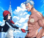  1boy 1girl abs andy_(undead_unluck) black_hair black_jacket bleeding blood blue_hair brown_eyes day eye_contact highres holding holding_knife izumo_fuuko jacket knife looking_at_another medium_hair muscular muscular_male outdoors pectorals red_headwear scar scar_on_face scar_on_forehead shirt shishiruto short_hair skullcap smile stab sweatdrop topless_male undead_unluck weapon white_shirt wind 