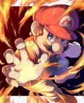  1boy blue_overalls brown_hair facial_hair fire gloves hat looking_at_viewer mario mario_(series) mustache overalls red_headwear solo ten_(tenchan_man) white_gloves 