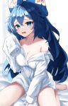  1girl alternate_costume barefoot blue_eyes blue_hair blush bow breasts cleavage collared_shirt commentary_request crossed_bangs full_body hair_between_eyes hair_bow highres kaminose_(user_veum4325) long_hair looking_at_viewer medium_bangs medium_breasts off_shoulder on_bed open_mouth oversized_clothes oversized_shirt shirt sitting sleeves_past_fingers sleeves_past_wrists solo touhou wariza white_background white_shirt yorigami_shion 