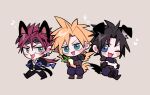  3boys animal animal_ears armor belt bird_tail black_cat black_footwear black_fur black_gloves black_hair black_pants black_suit blonde_hair blue_eyes bone boots brown_footwear brown_gloves carrying cat cat_boy cat_ears cat_tail chibi cloud_strife collared_shirt dog_ears dog_tail earrings eyewear_on_head facial_mark feathered_wings feathers final_fantasy final_fantasy_vii fingerless_gloves fish food gloves goggles goggles_on_head green_eyes heart holding holding_animal holding_fish holding_food holding_vegetable jewelry leather_belt long_hair male_focus messy_hair multiple_boys musical_note open_mouth pants pauldrons paw_shoes ponytail red_hair reno_(ff7) shirt shoes short_hair shoulder_armor single_pauldron sleeveless sleeveless_turtleneck smile sparkle spiked_hair stud_earrings suit tail tongue tongue_out ttnoooo turtleneck vegetable walking white_shirt wings yellow_feathers zack_fair 