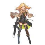  1girl ahoge arm_ribbon assault_rifle black_bag black_footwear black_jacket black_ribbon black_skirt blonde_hair breasts brown_eyes brown_shirt brown_thighhighs capelet closed_mouth colored_shoe_interior crazyodin dog_tags earpiece full_body galil_(girls&#039;_frontline) girls&#039;_frontline gloves grey_vest gun hair_ornament hexagram highres holding holding_gun holding_weapon imi_galil jacket knee_pads long_hair looking_at_viewer military military_uniform mod3_(girls&#039;_frontline) official_art pleated_skirt pouch ribbon rifle shirt short_sleeves simple_background single_glove single_knee_pad skindentation skirt smile solo standing thigh_pouch thighhighs transparent_background trigger_discipline uniform vest weapon 