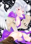  1girl alto2019 between_legs black_background blush boots breasts cleavage covering_mouth dress embarrassed feathered_wings feathers grey_hair hand_between_legs jacket kishin_sagume large_breasts marker_(medium) open_clothes purple_dress purple_skirt red_eyes sample_watermark short_hair single_wing sitting skirt solo touhou traditional_media watermark white_hair wings 