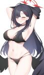  1girl armpits arms_up black_bra black_choker black_hair black_panties black_wings blue_archive blue_eyes bra breasts choker feathered_wings hair_ornament hairclip halo highres ichika_(blue_archive) large_breasts long_hair low_wings miko_(royal_milk) multi-strapped_panties navel one_eye_closed panties red_halo simple_background solo stomach underwear white_background wings 