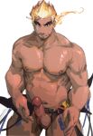  1boy abs bandaid bandaid_on_cheek bandaid_on_face bara belt dark-skinned_male dark_skin dichuan_(arriverw) erection fiery_hair goatee_stubble highres large_pectorals looking_at_viewer male_focus muscular muscular_male navel navel_hair nipples no_male_underwear orange_hair pectorals penis sanpaku scar scar_on_face scar_on_forehead short_hair solo stomach strongman_waist thick_eyebrows tokyo_afterschool_summoners topless_male ulaanbaatar_(housamo) 