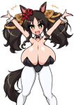  +_+ 1girl animal_ears black_hair breasts brown_eyes brown_hair ear_bow ear_covers ear_ornament ear_scrunchie hair_ornament highres horse_ears horse_girl horse_tail huge_breasts large_breasts long_hair looking_at_viewer marvelous_sunday_(umamusume) moyashi_udon open_mouth oppai_loli playboy_bunny simple_background single_ear_cover smile solo tail twintails umamusume yellow_eyes 