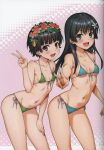  2girls absurdres bikini black_hair blue_bikini blue_eyes breasts brown_eyes collarbone flower green_bikini hair_flower hair_ornament highres isshi_pyuma long_hair looking_at_viewer multiple_girls navel non-web_source open_mouth saten_ruiko shirt short_hair side-tie_bikini_bottom small_breasts smile swimsuit toaru_kagaku_no_railgun toaru_majutsu_no_index uiharu_kazari v wet wet_clothes wet_shirt white_shirt 