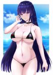  1girl absurdres bare_shoulders bikini black_bikini black_choker breasts choker closed_mouth collarbone commentary_request cowboy_shot day earrings expressionless highres honkai_(series) honkai_impact_3rd jewelry large_breasts long_hair looking_at_viewer mordrex_art navel nipples nude outdoors parted_lips purple_eyes purple_hair raiden_mei single_earring sky solo standing stomach swimsuit 