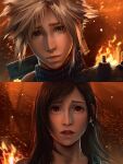  1boy 1girl armor bare_shoulders black_hair blonde_hair blue_eyes blurry blurry_background buster_sword closed_mouth cloud_strife commentary earrings english_commentary final_fantasy final_fantasy_vii final_fantasy_vii_remake fire highres jewelry lips long_hair outdoors parted_lips portrait realistic red_eyes ribbed_sweater safaiaart shoulder_armor single_earring spiked_hair sweater swept_bangs teardrop_earring tifa_lockhart turtleneck turtleneck_sweater upper_body weapon weapon_on_back wind 