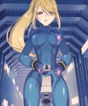  1girl blonde_hair blue_bodysuit bodysuit breasts covered_navel green_eyes gun handgun high_ponytail holding holding_gun holding_weapon long_hair looking_at_viewer metroid miri_(cherryjelly) parted_lips ponytail samus_aran shiny_clothes skin_tight solo super_smash_bros. weapon zero_suit 