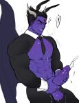  1boy bara bare_pectorals colored_skin cum demon_boy demon_horns erection highres horns large_pectorals large_penis liliiliillj male_focus male_masturbation male_playboy_bunny masturbation mature_male meme_attire mishima_kazuya monsterification muscular muscular_male necktie nipples pectorals penis projectile_cum purple_skin reverse_bunnysuit reverse_outfit short_hair short_necktie shrug_(clothing) solo spiked_hair tekken thick_eyebrows two-handed_masturbation 