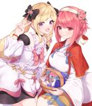  2girls :d basket black_bow blonde_hair bow capelet closed_mouth detached_sleeves dress elise_(fire_emblem) elise_(valentine)_(fire_emblem) fire_emblem fire_emblem_fates fire_emblem_heroes flower hair_bow hair_flower hair_ornament hairband highres holding holding_basket japanese_clothes kimono kyl490 long_hair looking_at_viewer multicolored_hair multiple_girls official_alternate_costume open_mouth pink_eyes pink_flower pink_hair purple_eyes purple_hair red_capelet sakura_(fire_emblem) sakura_(valentine)_(fire_emblem) short_hair smile twintails two-tone_hair v white_background white_dress white_hairband white_kimono 