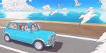  4girls artist_request asakura_toru bird black_hair blue_car blue_sky brown_hair cloud commentary_request day driving fukumaru_koito highres higuchi_madoka ichikawa_hinana idolmaster idolmaster_shiny_colors long_hair mini_cooper multiple_girls noctchill_(idolmaster) ocean outdoors road seagull sky 