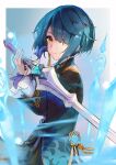  1girl black_jacket blue_hair blurry blurry_foreground brown_eyes closed_mouth commentary_request depth_of_field from_side genshin_impact hair_over_one_eye highres holding holding_sword holding_weapon jacket looking_at_viewer looking_to_the_side narushina solo sword weapon xingqiu_(genshin_impact) 