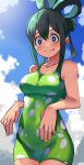  1girl absurdres asui_tsuyu black_eyes blue_sky boku_no_hero_academia bright_pupils cloud dark_green_hair day frog_girl green_one-piece_swimsuit hair_rings hair_tie highres long_hair looking_at_viewer one-piece_swimsuit outdoors polka_dot polka_dot_swimsuit sky solo swimsuit tongue tongue_out white_pupils zd_(pixiv6210083) 
