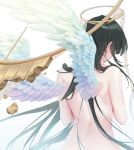 1girl absurdres azazel_(last_origin) black_hair completely_nude feathered_wings from_behind furrowed_brow halo highres last_origin long_hair nude simple_background solo teddyellow upper_body very_long_hair white_background white_wings wings 
