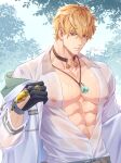  1boy 7go3_nc abs bags_under_eyes black_gloves blonde_hair brown_choker choker covered_nipples gloves highres jewelry large_pectorals long_sleeves looking_at_viewer male_focus muscular muscular_male necklace nu_carnival orange_eyes pectorals quincy_(nu_carnival) see-through see-through_shirt shirt short_hair tassel wet wet_clothes wet_hair wet_shirt white_shirt yellow_gemstone 